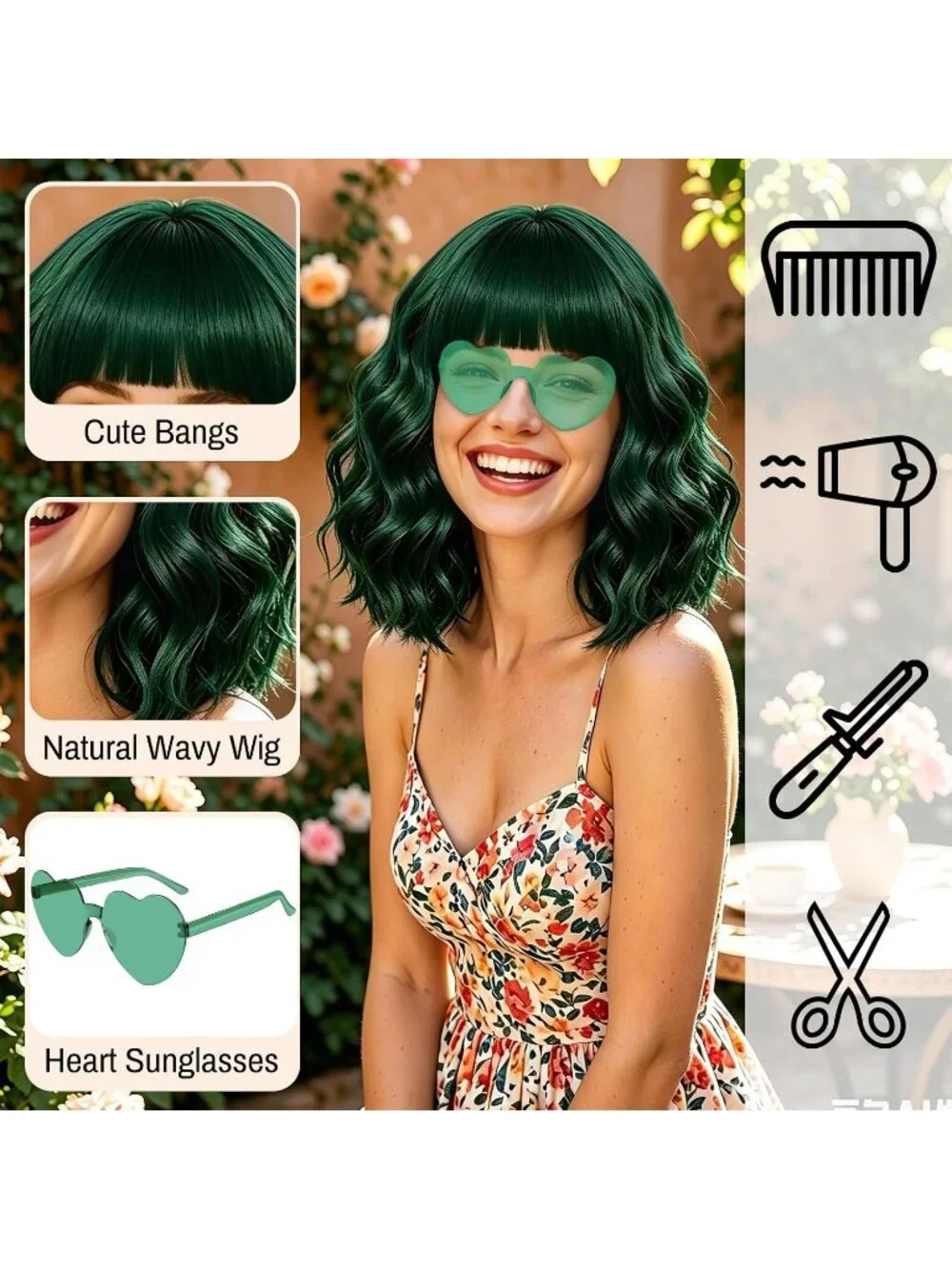 Women's Dark Green Curly Bob Synthetic Wigs Bangs With Neon Heart Sunglasses